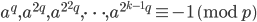  a^q, a^{2q}, a^{2^2q}, \dots, a^{2^{k-1}q} \equiv -1 \pmod p